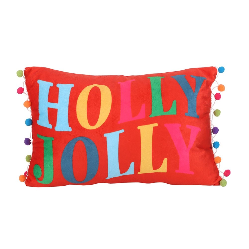 Something Different - Red Holly Jolly with Pom Poms Cushion - Multicolours